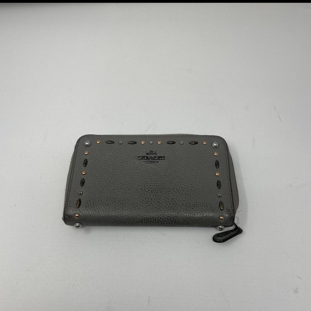Coach Pebbled Leather Zip Wallet in Dark Gray with Stud Detail